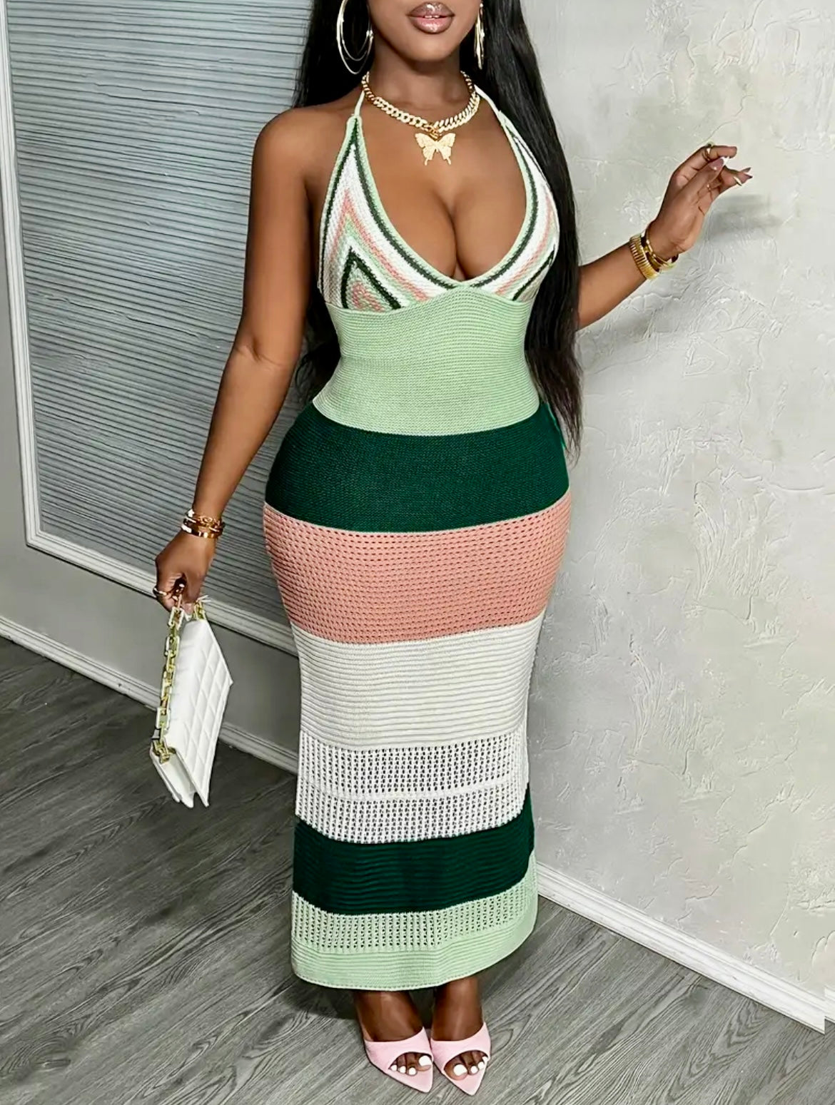 “Love Language” crocheted dress (pink/white/green)