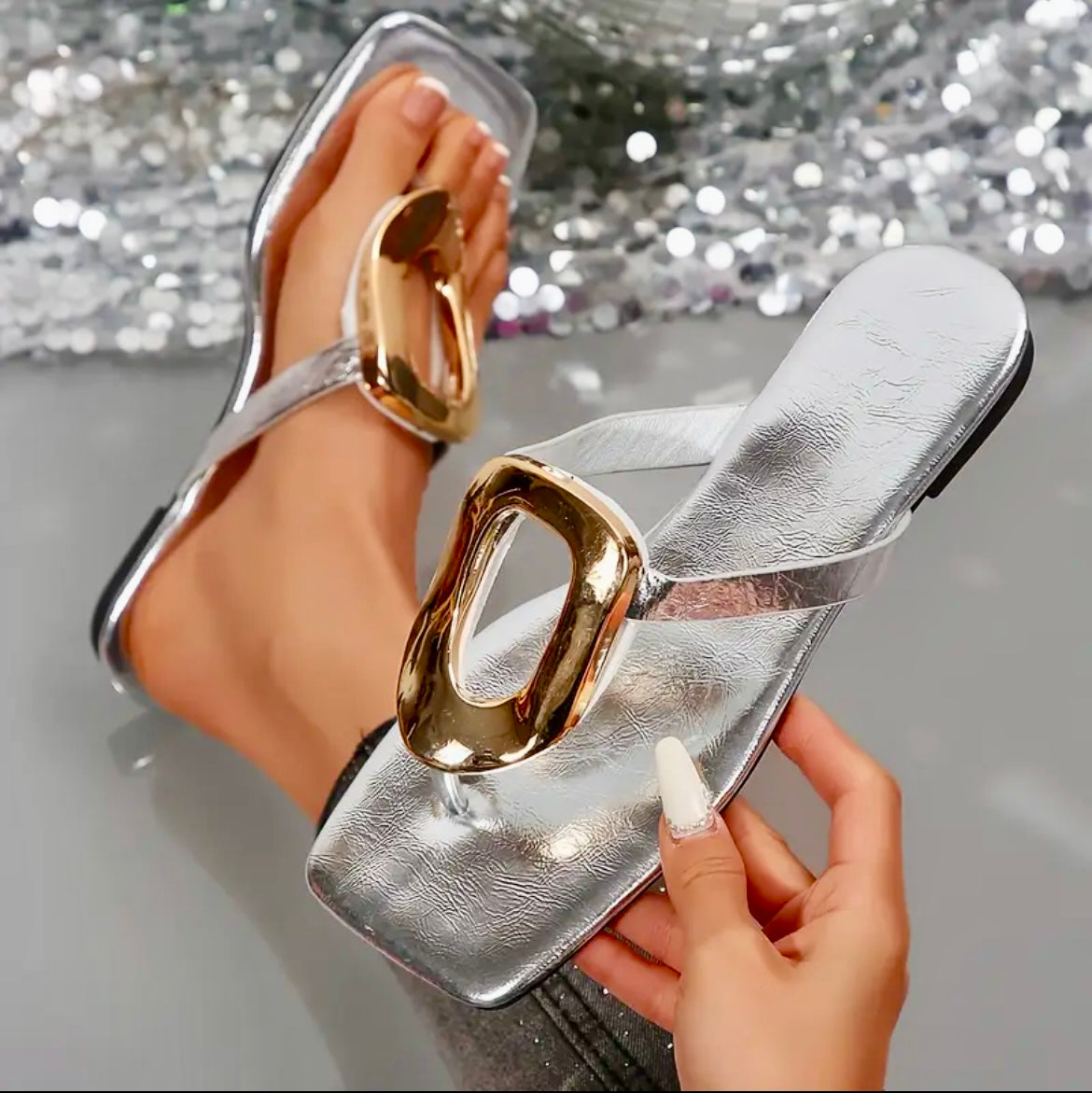 “Heaux Slides” silver shoe/gold buckle