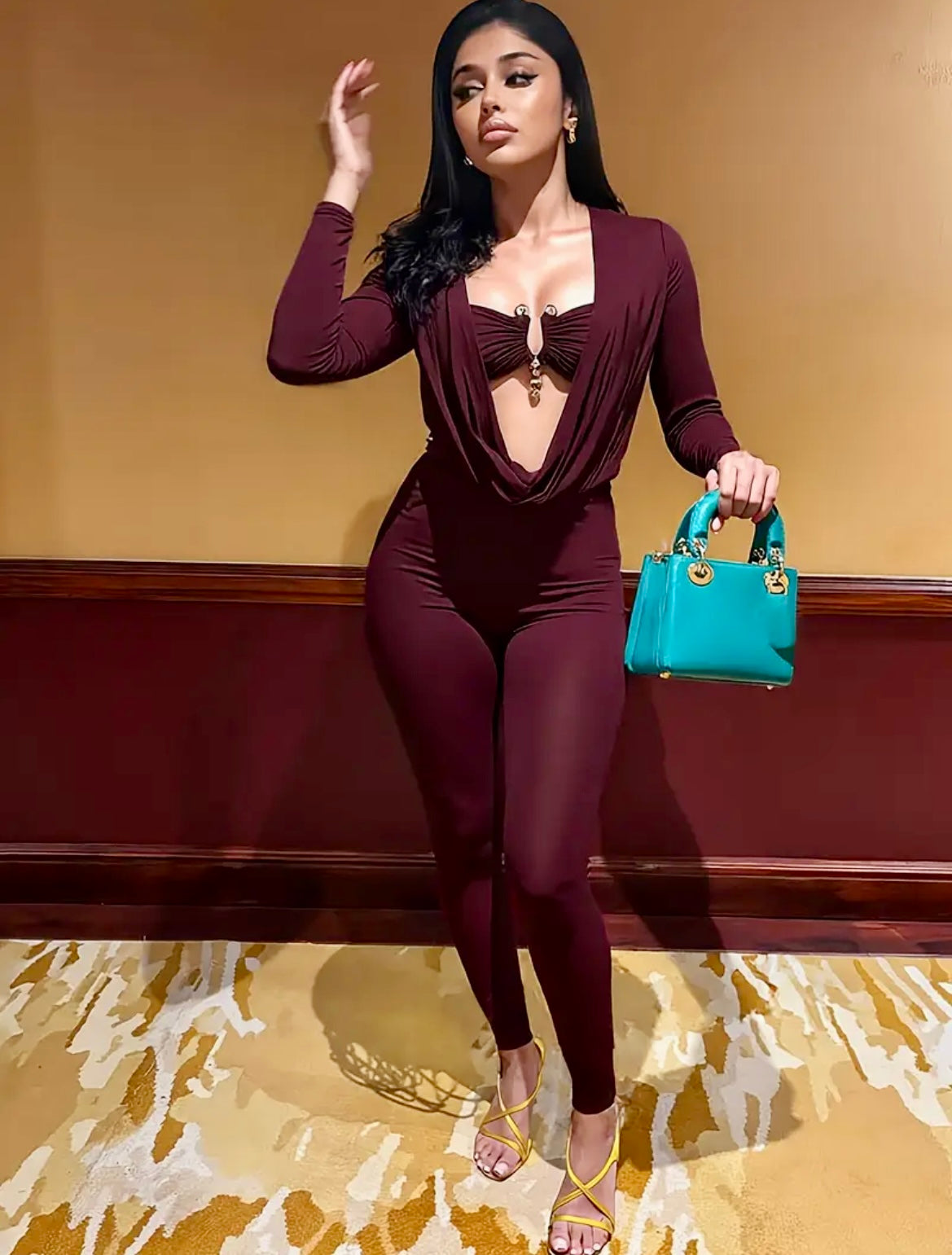 “Love Spell” crimson colored long sleeved jumpsuit (comes Asian sizes & Standard fit both stretches)