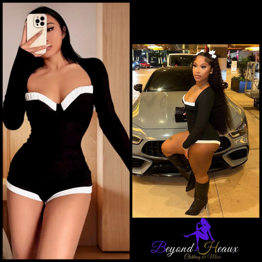 “Call Me Gorgeous” long sleeved black romper