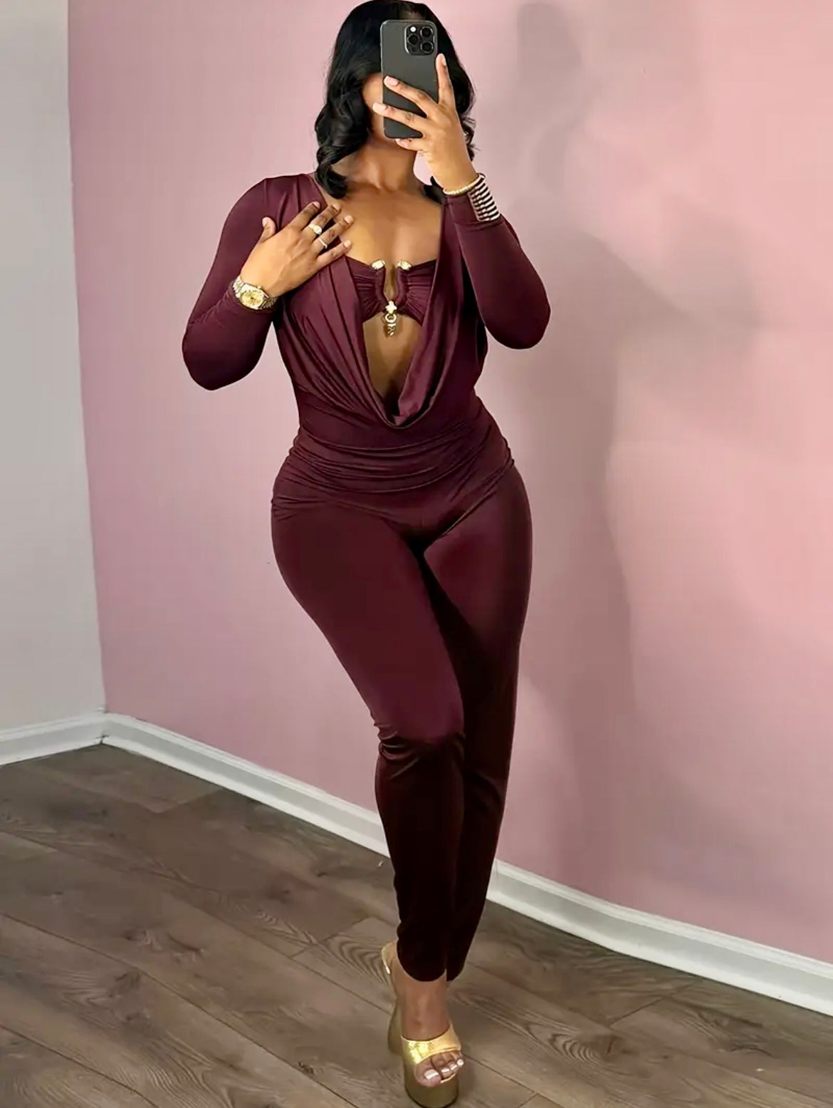 “Love Spell” crimson colored long sleeved jumpsuit (comes Asian sizes & Standard fit both stretches)