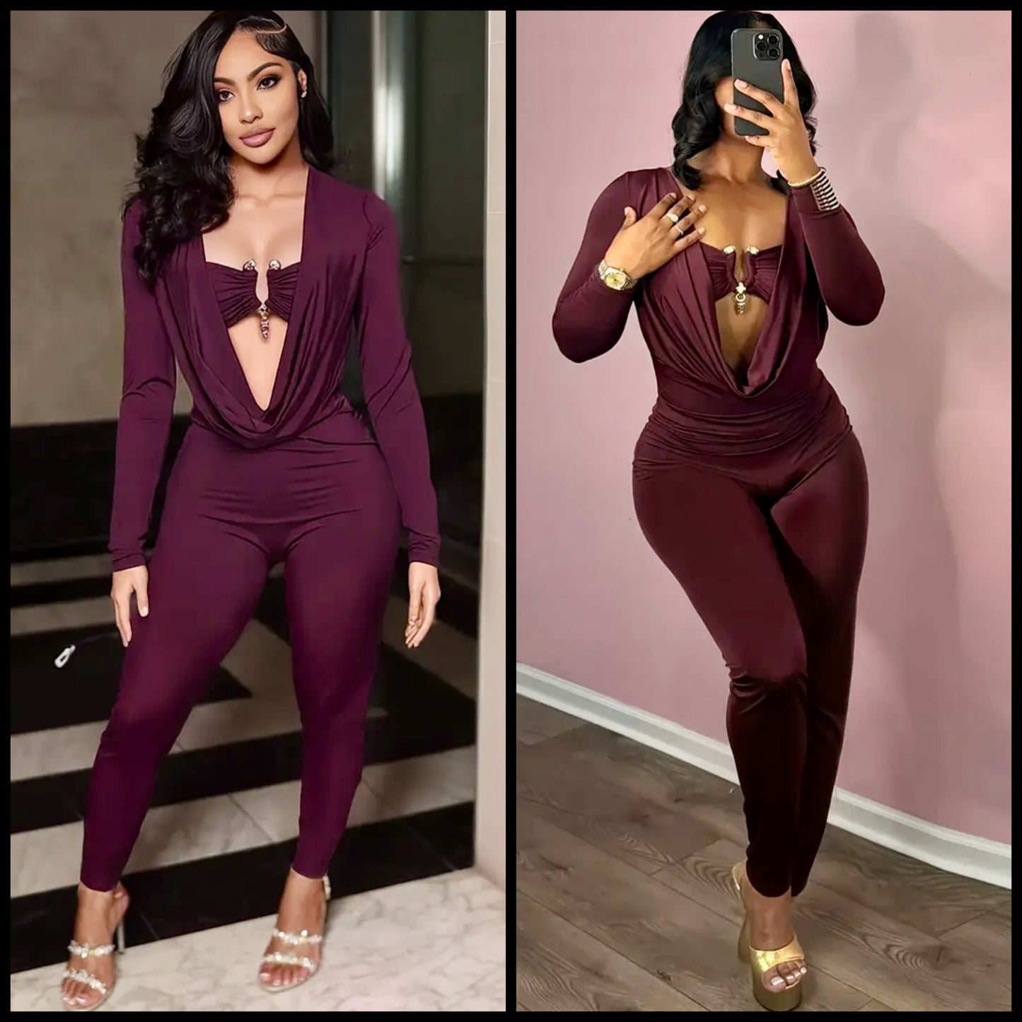 “Love Spell” crimson colored long sleeved jumpsuit (comes Asian sizes & Standard fit both stretches)
