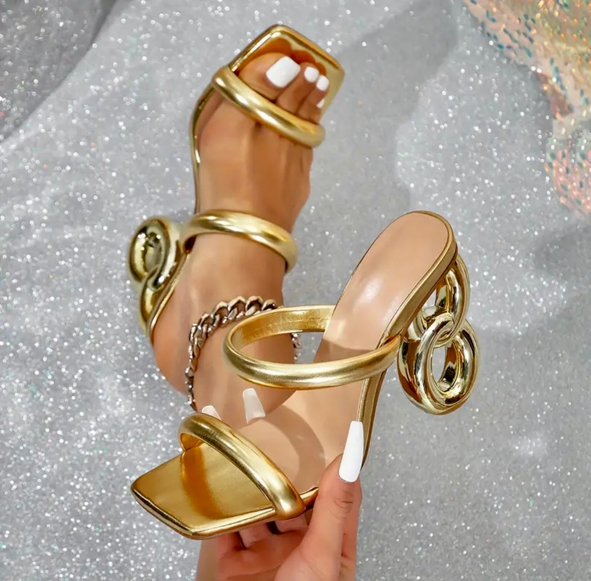 “Beyond Gold” strapless heels